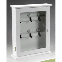 PORTACHIAVI PARETE APPENDINO 6 GANCI 31X25X7CM IN LEGNO BIANCO ANTA VETRO 660832