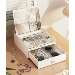 PORTAGIOIE CON COPERCHIO AUTOMATICO ORGANIZER CON CASSETTO SPECCHIO CONTENITORE GIOIELLI