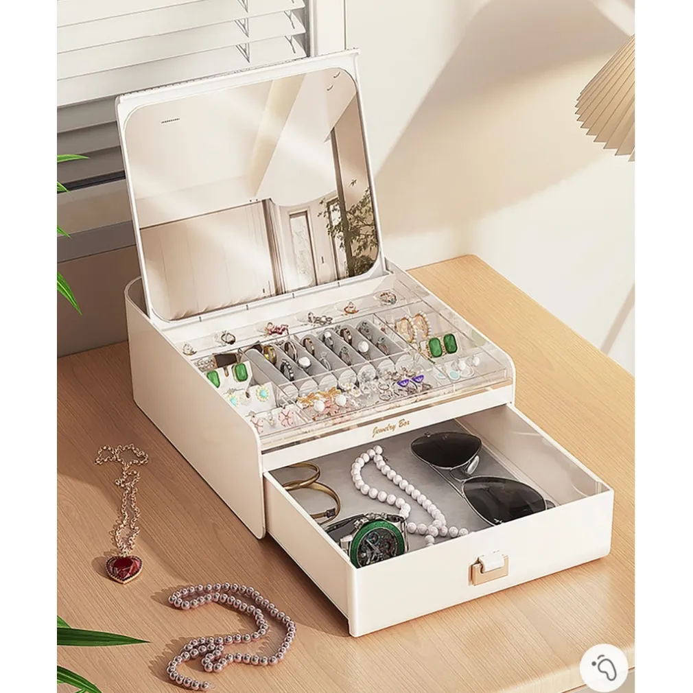 PORTAGIOIE CON COPERCHIO AUTOMATICO ORGANIZER CON CASSETTO SPECCHIO CONTENITORE GIOIELLI