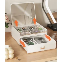 PORTAGIOIE CON COPERCHIO AUTOMATICO ORGANIZER CON CASSETTO SPECCHIO CONTENITORE GIOIELLI
