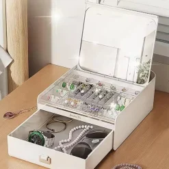 PORTAGIOIE CON COPERCHIO AUTOMATICO ORGANIZER CON CASSETTO SPECCHIO CONTENITORE GIOIELLI