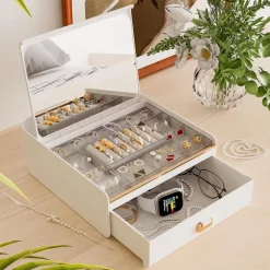 PORTAGIOIE CON COPERCHIO AUTOMATICO ORGANIZER CON CASSETTO SPECCHIO CONTENITORE GIOIELLI