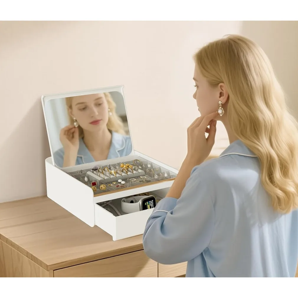 PORTAGIOIE CON COPERCHIO AUTOMATICO ORGANIZER CON CASSETTO SPECCHIO CONTENITORE GIOIELLI