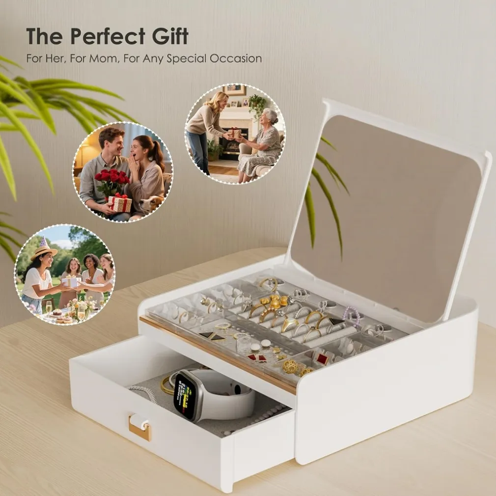 PORTAGIOIE CON COPERCHIO AUTOMATICO ORGANIZER CON CASSETTO SPECCHIO CONTENITORE GIOIELLI