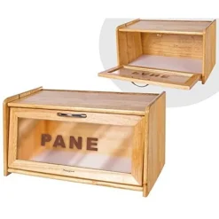 PORTAPANE IN LEGNO CON VETRINA IN VETRO CHIUSURA A CALAMITA CONTENITORE 38X22X20CM