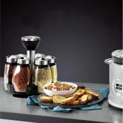 PORTASPEZIE GIREVOLE CON 6 BARATTOLI IN VETRO TAPPI SPARGISPEZIE ORGANIZER CUCINA