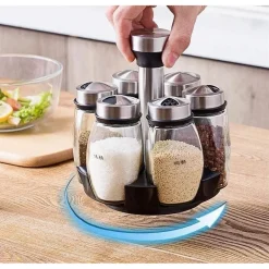 PORTASPEZIE GIREVOLE CON 6 BARATTOLI IN VETRO TAPPI SPARGISPEZIE ORGANIZER CUCINA
