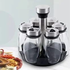 PORTASPEZIE GIREVOLE CON 6 BARATTOLI IN VETRO TAPPI SPARGISPEZIE ORGANIZER CUCINA