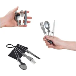 POSATE PIEGHEVOLI FORCHETTA CUCCHIAO CORTELLO IN ACCIAIO CON ASTUCCIO DA VIAGGIO