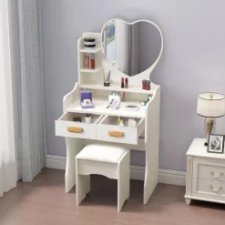 POSTAZIONE TRUCCO TAVOLO MAKE UP SPECCHIERA TOELETTA CON SPECCHIO A CUORE SGABELLO BIANCO