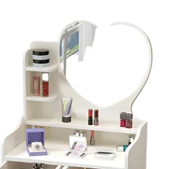POSTAZIONE TRUCCO TAVOLO MAKE UP SPECCHIERA TOELETTA CON SPECCHIO A CUORE SGABELLO BIANCO