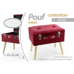 POUF POUFF CONTENITORE H46X50X35CM TESSUTO ROSSO IMBOTTITO PIEDI IN LEGNO 756795