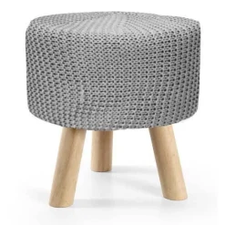 POUF SGABELLO POGGIAPIEDI TONDO POUFF PIEDI LEGNO TESSUTO GRIGIO 28X27CM 827730