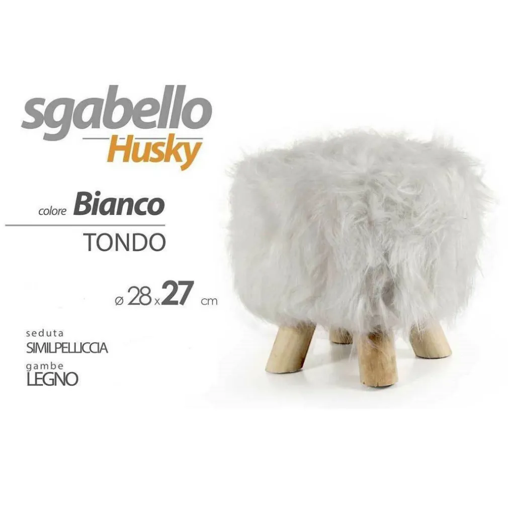 POUF SGABELLO SIMILPELLICCIA HUSKY BIANCO TONDO GAMBE LEGNO 28X27 CM POGGIAPIEDI
