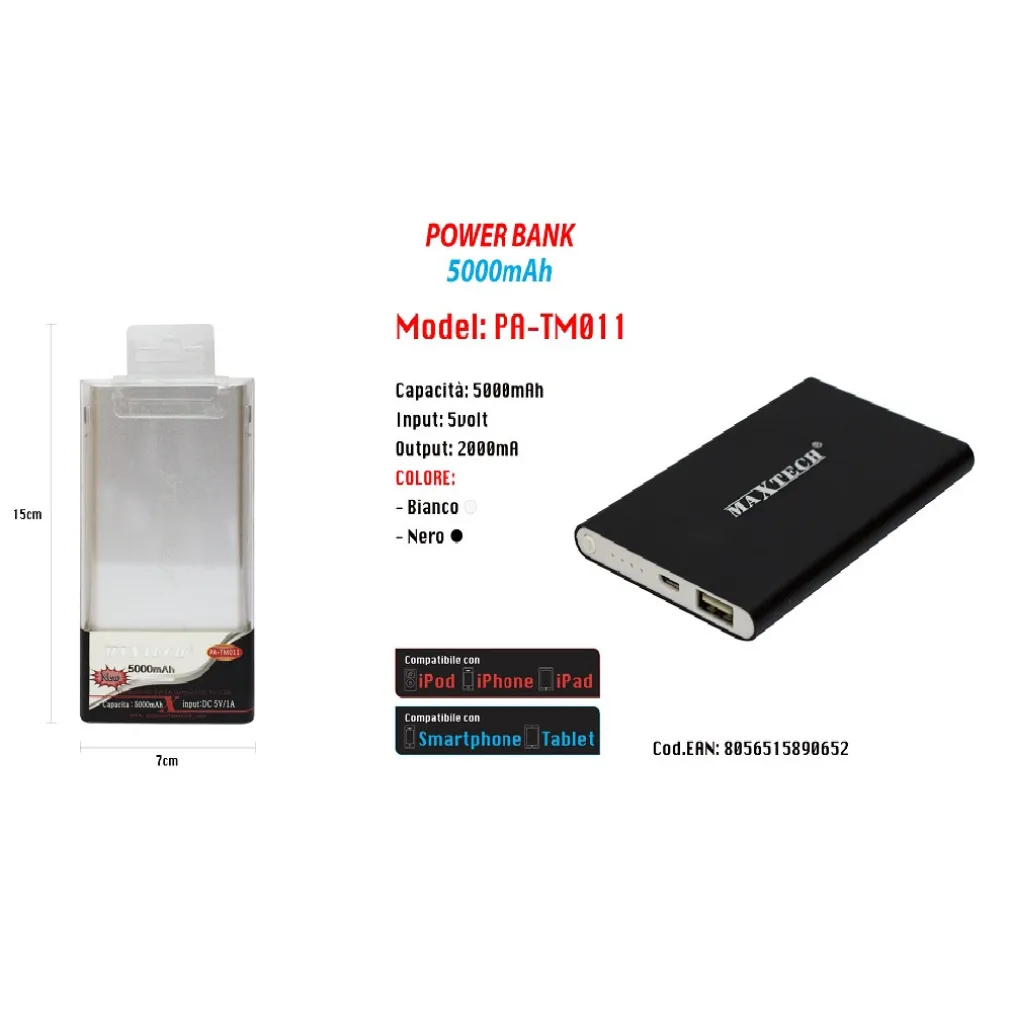 POWER BANK CARICABATTERIE PORTATILE USB 5000MAH PER SMARTPHONE BATTERIA ESTERNA MAXTECH PA-TM011