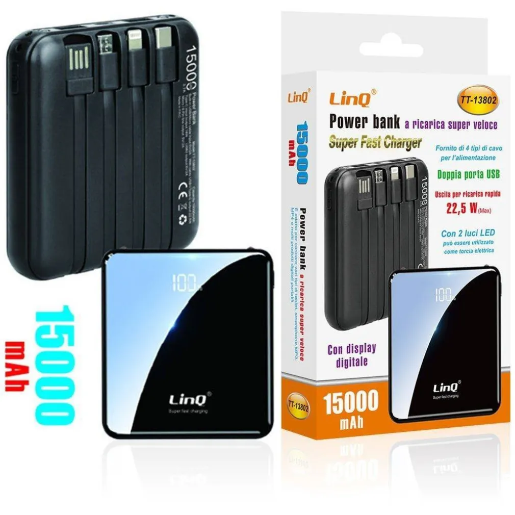 POWER BANK CON RICARICA SUPER VELOCE 22.5W 15000MAH DISPLAY LCD 4 CAVI TT-13802