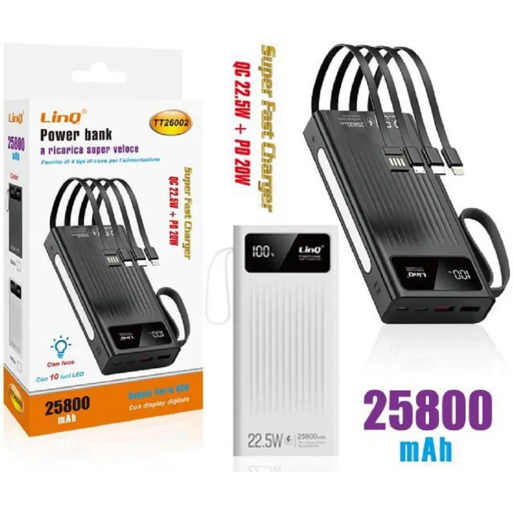POWERBANK BATTERIA ESTERNA A RICARICA SUPER VELOCE 25800MAH 22.5W CON LUCE TT26002