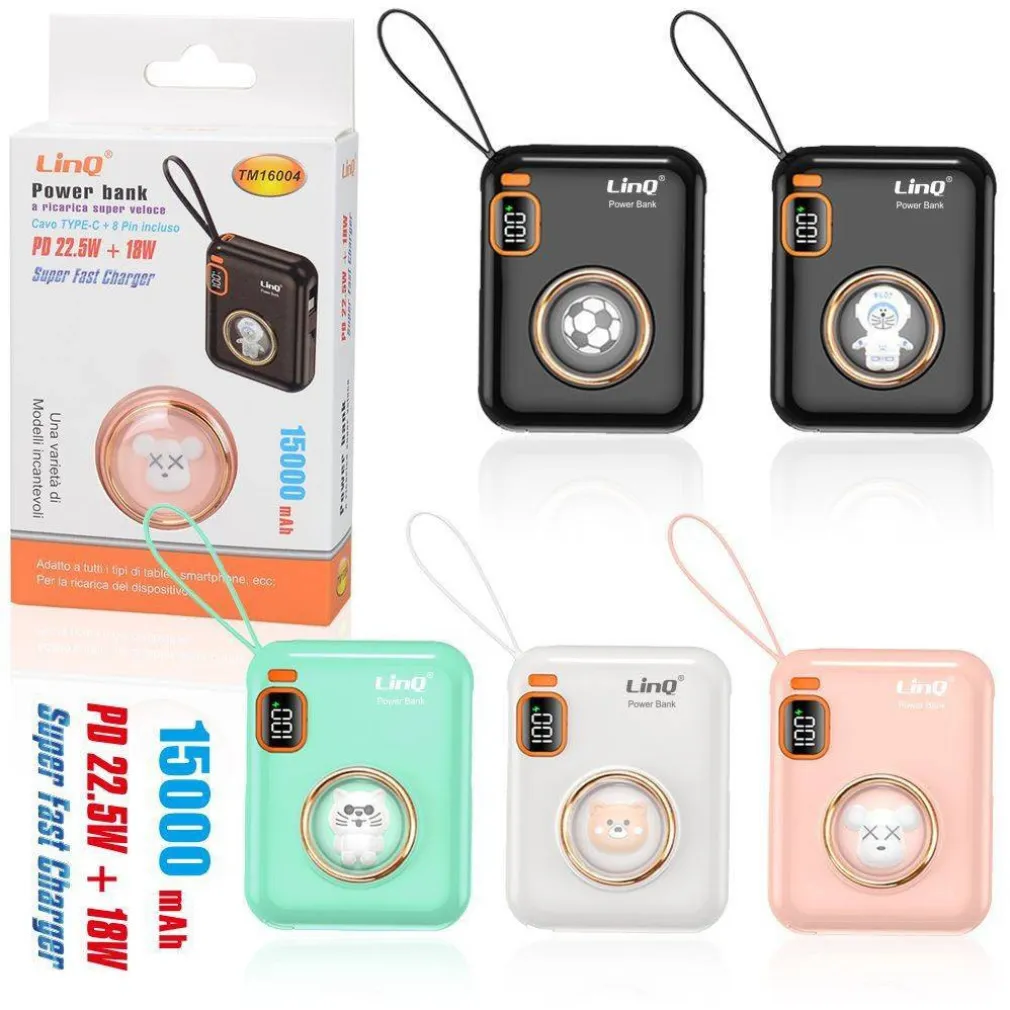 POWERBANK RICARICA VELOCE CON CAVO TYPE-C + 8PIN PD 22.5W + 18W 15000MAH TM16004