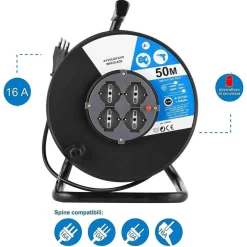 PROLUNGA ELETTRICA CAVO 50 MT AVVOLGICAVO E 4 PRESE SCHUKO POLIVALENTI SPINA 16A