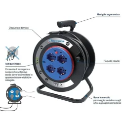 PROLUNGA ELETTRICA CAVO 15 MT AVVOLGICAVO 4 PRESE SCHUKO POLIVALENTI SPINA 16A