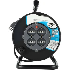PROLUNGA ELETTRICA CAVO 25 MT AVVOLGICAVO 4 PRESE SCHUKO POLIVALENTI SPINA 16A