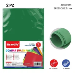 12PZ FOGLI IN GOMMA EVA COLORE VERDE MATERIALE ALTA QUALITÀ 40X60CM SPESS 2MM