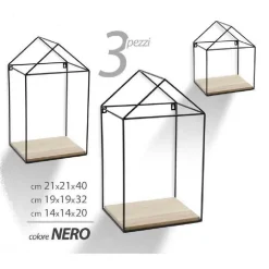3PZ MENSOLE PARETE CASA BACHECA MENSOLA LEGNO SOSPESA METALLO NERO H20/32/40CM 751653