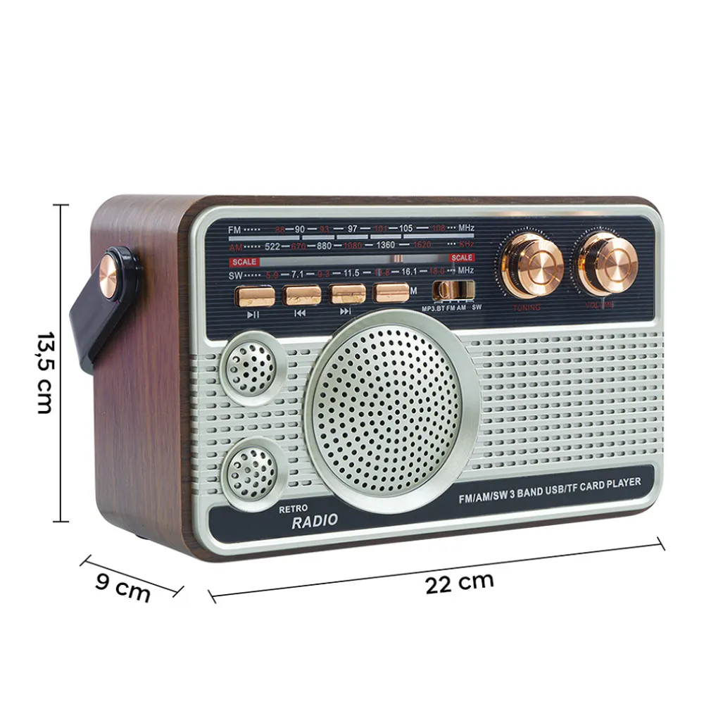 RADIO FM RETRO WIRELESS ALTOPARLANTE MP3 PORTATILE BLUETOOTH USB AUX TF Q-FM01