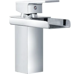 RUBINETTO BAGNO DESIGN MODERNO A CASCATA MISCELATORE MONOCOMANDO OTTONE CROMATO