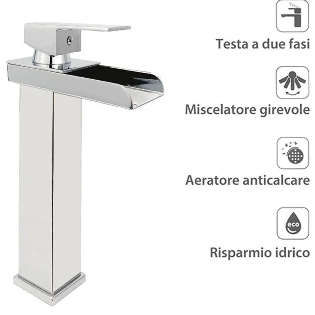 RUBINETTO BAGNO DESIGN MODERNO A CASCATA MISCELATORE MONOCOMANDO ALTO CROMATO