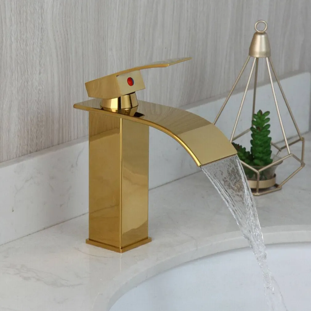 RUBINETTO ORO DA BAGNO DESIGN MODERNO A CASCATA MISCELATORE MONOCOMANDO DORATO