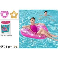 SALVAGENTE 91 CM GLITTER CIAMBELLA GONFIABILE DA MARE PISCINA STELLA CUORE 36141