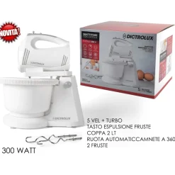 SBATTITORE 2 FRUSTE CON CIOTOLA ROTANTE GANCI IMPASTATRICE 300W 5 VELOCITÀ+TURBO