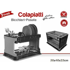 SCOLAPIATTI IN PLASTICA EFFETTO RATTAN 2 RIPIANI PIATTI POSATE BICCHIERI GRIGIO
