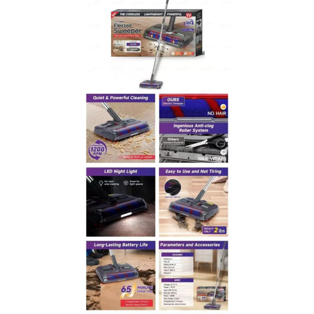 Scopa elettrica rotante senza fili con batteria potente leggera silenziosa snodabile