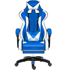 SEDIA POLTRONA UFFICIO CASA IN ECOPELLE CUSCINO LOMBARE POGGIATESTA PIEDI BLU BIANCO