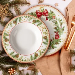 SERVIZIO DI PIATTI IN PORCELLANA 18PZ DECORO NATALIZIO GHIRLANDE AGRIFOGLIO FIOCCHI ROSSI