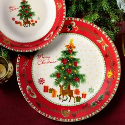 SERVIZIO DI PIATTI NATALIZIO IN PORCELLANA 18PZ DECORO ALBERO NATALE RENNE PACCHI REGALO