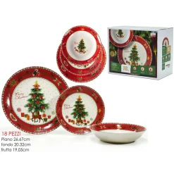 SERVIZIO DI PIATTI NATALIZIO IN PORCELLANA 18PZ DECORO ALBERO NATALE RENNE PACCHI REGALO