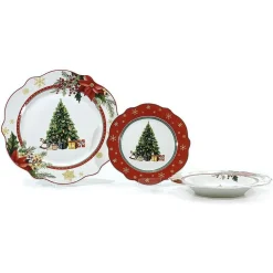 SERVIZIO DI PIATTI NATALIZI DA 18PZ IN PORCELLANA PER FESTIVITÀ DESIGN ONDULATO ELEGANTE