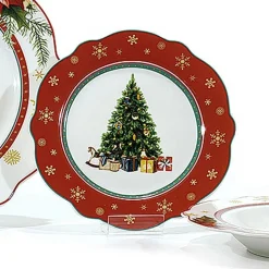 SERVIZIO DI PIATTI NATALIZI DA 18PZ IN PORCELLANA PER FESTIVITÀ DESIGN ONDULATO ELEGANTE