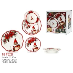 SERVIZIO PIATTI DA TAVOLA IN PORCELLANA 18PZ MOTIVO NATALIZIO CON GNOMI BORDI ONDULATI