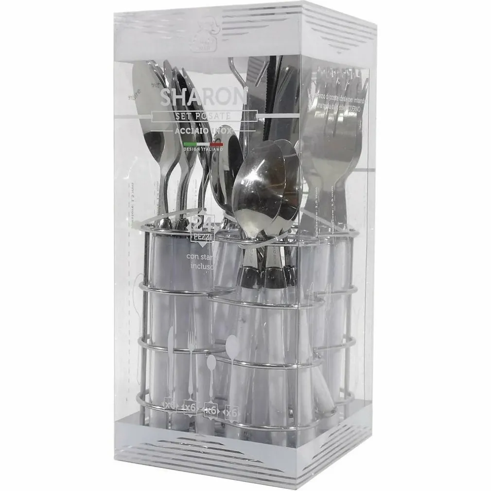 SERVIZIO POSATE 24 PEZZI BIANCO IN ACCIAIO INOX CON STAND SHARON TAVOLA CUCINA
