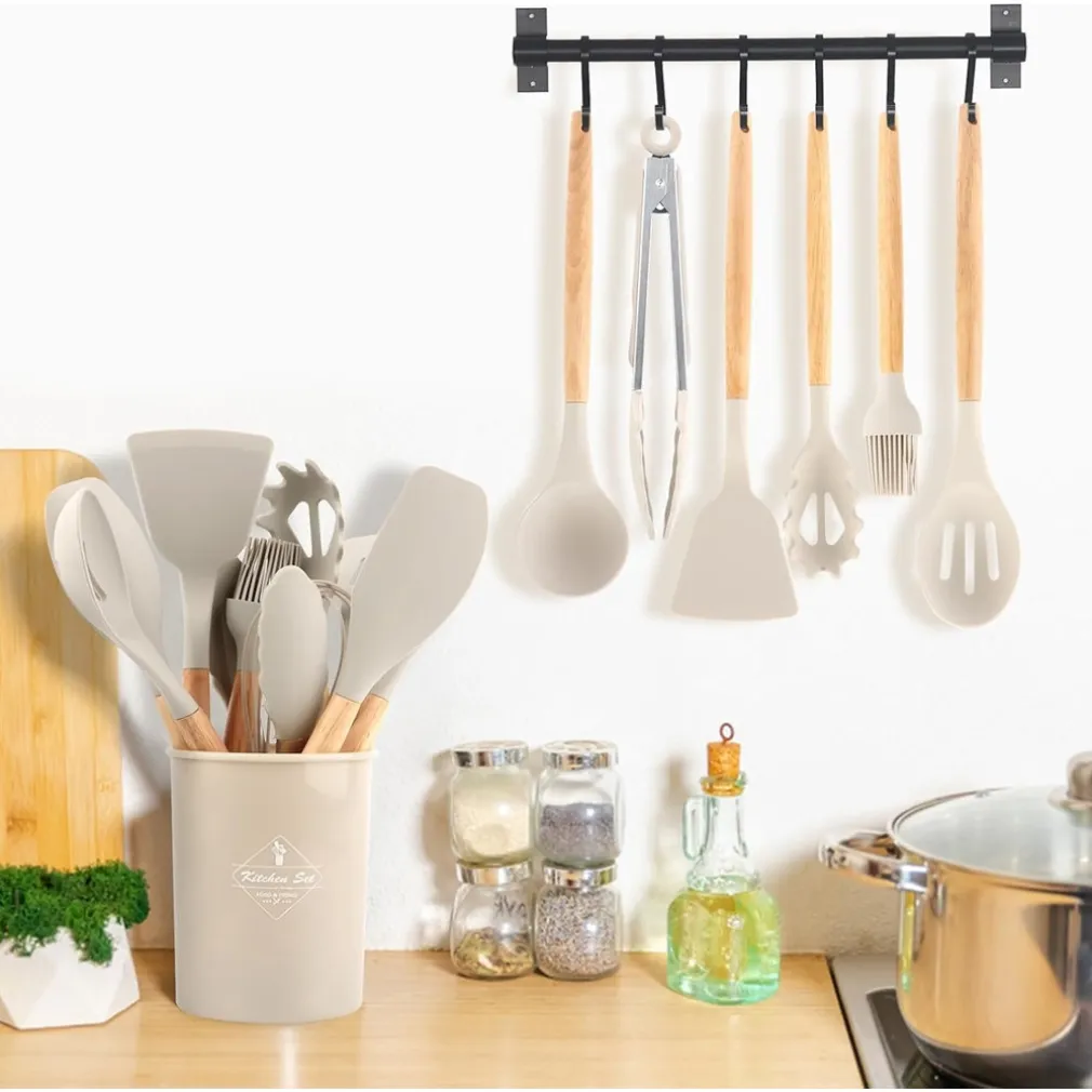 SET 12 ATTREZZI CUCINA IN SILICONE ANTIADERENTE CON PORTA UTENSILI MANICO IN LEGNO