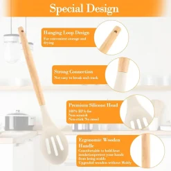 SET 12 ATTREZZI CUCINA IN SILICONE ANTIADERENTE CON PORTA UTENSILI MANICO IN LEGNO