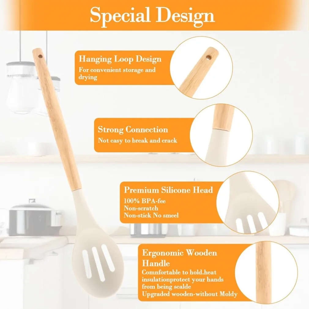 SET 12 ATTREZZI CUCINA IN SILICONE ANTIADERENTE CON PORTA UTENSILI MANICO IN LEGNO