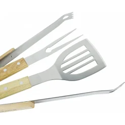 SET 3 ATTREZZI GRIGLIA BARBECUE FORCHETTONE PINZA SPATOLA IN ACCIAIO MANICO LEGNO