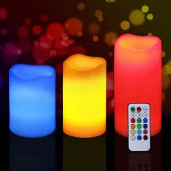 SET 3 CANDELE LED LUCE RGB CANDELA TELECOMANDO FUOCO FINTO CROMOTERAPIA MASSAGGI