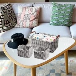 SET 3 CESTINI INTRECCIATI CORDA CESTO PORTA OGGETTI ORGANIZZA DECORA CASA 10635
