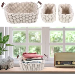 SET 3 CESTINI INTRECCIATI IN CORDA CESTO PORTAOGGETTI ORGANIZZA DECORA CASA 10634